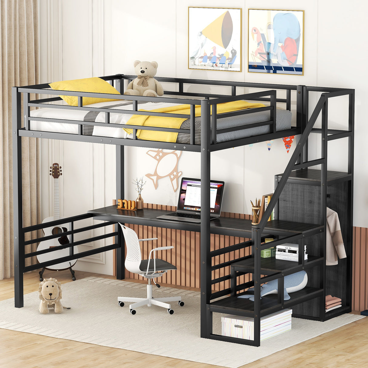 Full Size Metal Loft Bed with Desk, Storage Staircase and Small Wardrobe, Storage stairs can be installed left and right,Black - Home Elegance USA