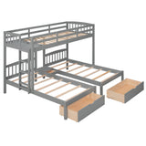 Twin over Twin & Twin Bunk Bed with Two Drawers and Built-in Middle Drawer, Gray - Home Elegance USA