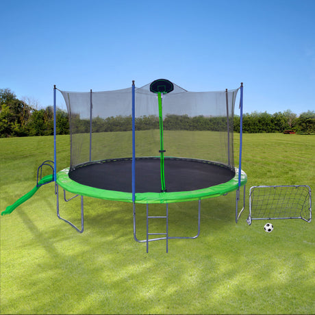 16FT TRAMPOLINE WITH SLIDE AND FOOTBALL GOAL