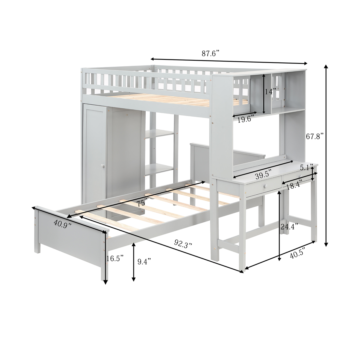 Twin Size Loft Bed with Closet and Desk, Extra Bottom Twin Bed, Grey - Home Elegance USA