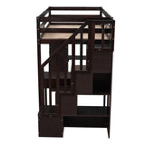 Twin size Loft Bed with Storage Drawers ,Desk and Stairs, Wooden Loft Bed with Shelves - Espresso - Home Elegance USA