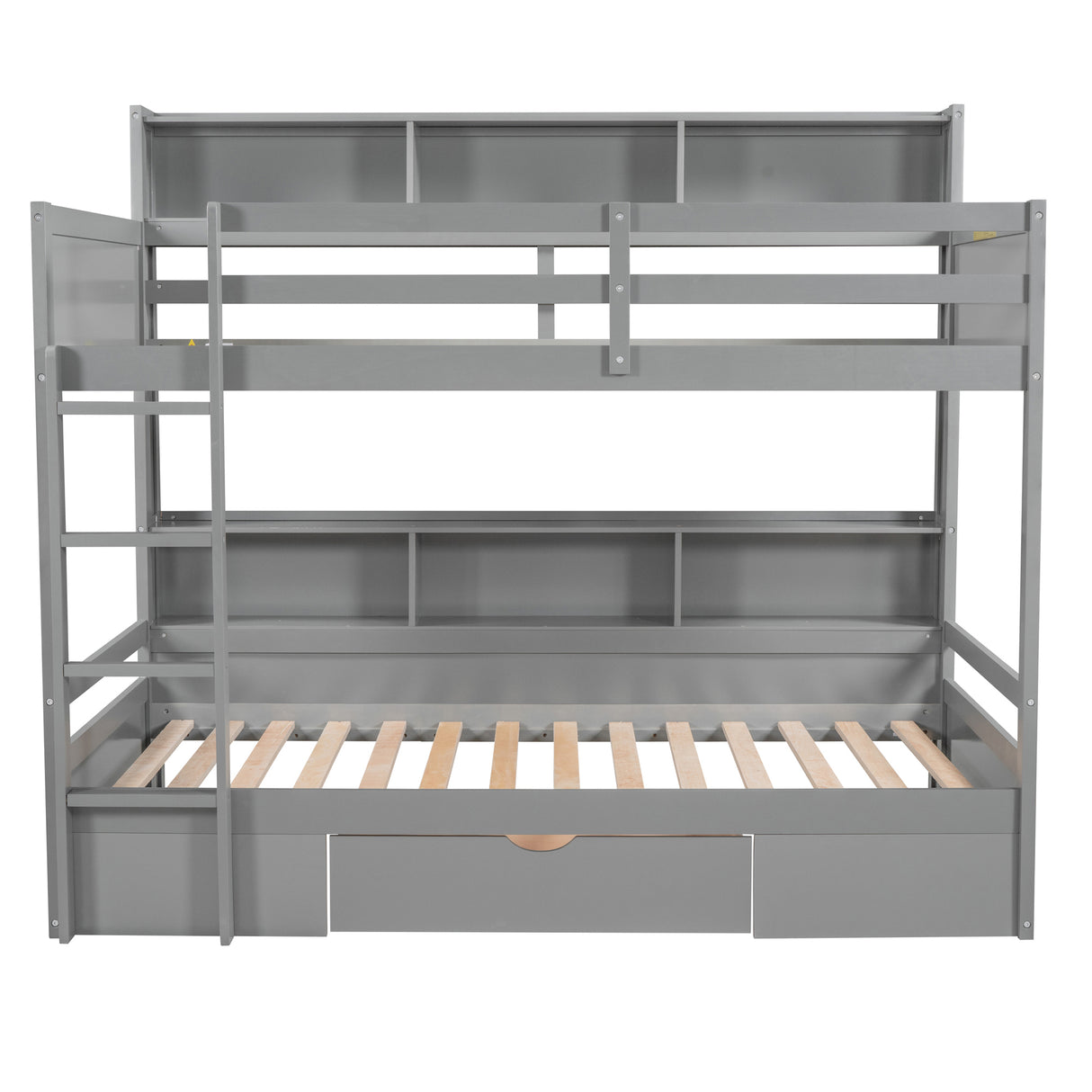 Twin Size Bunk Bed with Built-in Shelves Beside both Upper and Down Bed and Storage Drawer,Gray - Home Elegance USA