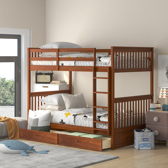 Twin-Over-Twin Bunk Bed with Ladders and Two Storage Drawers (Walnut) - Home Elegance USA