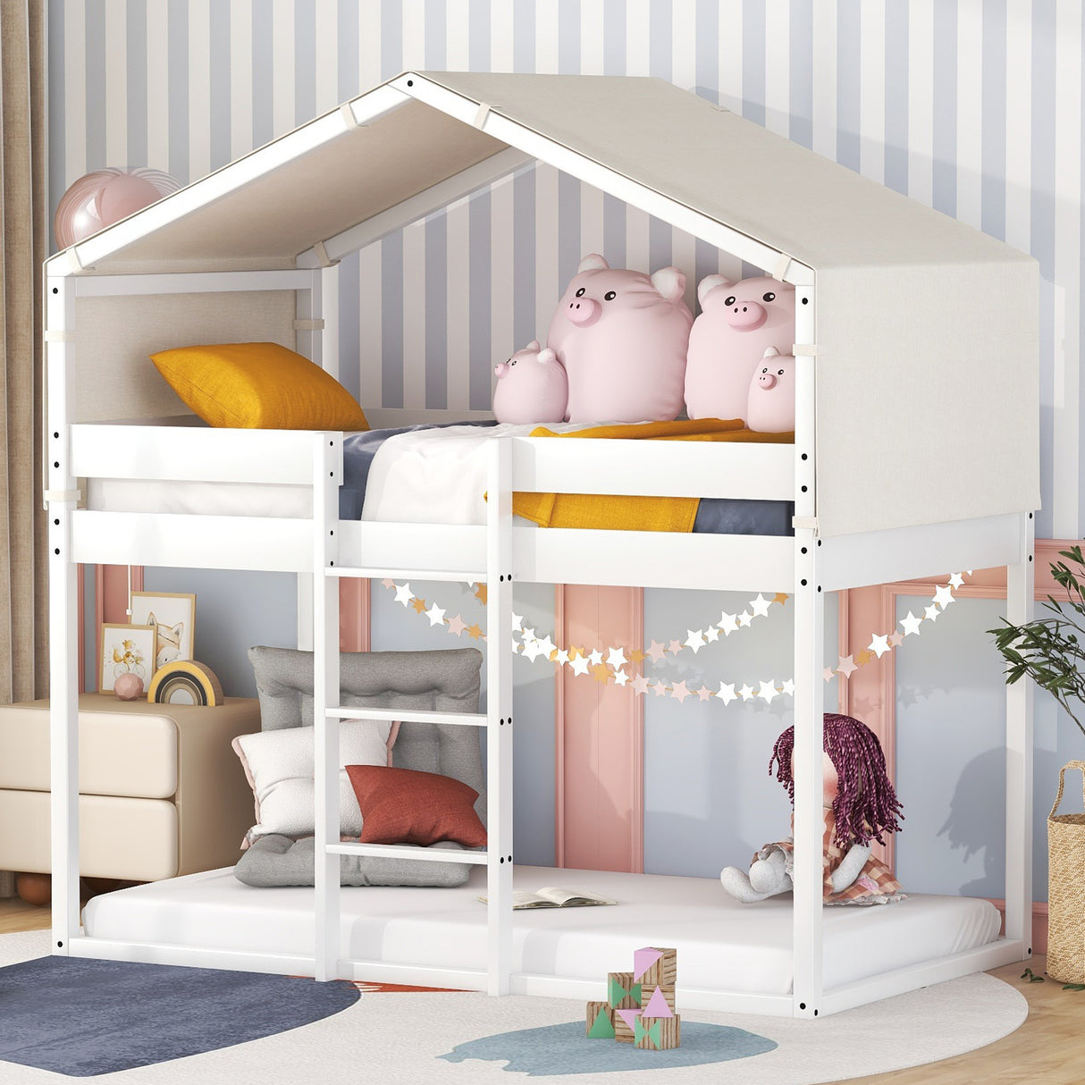 Twin Over Twin Bunk Bed Wood Bed with Tent, White - Home Elegance USA