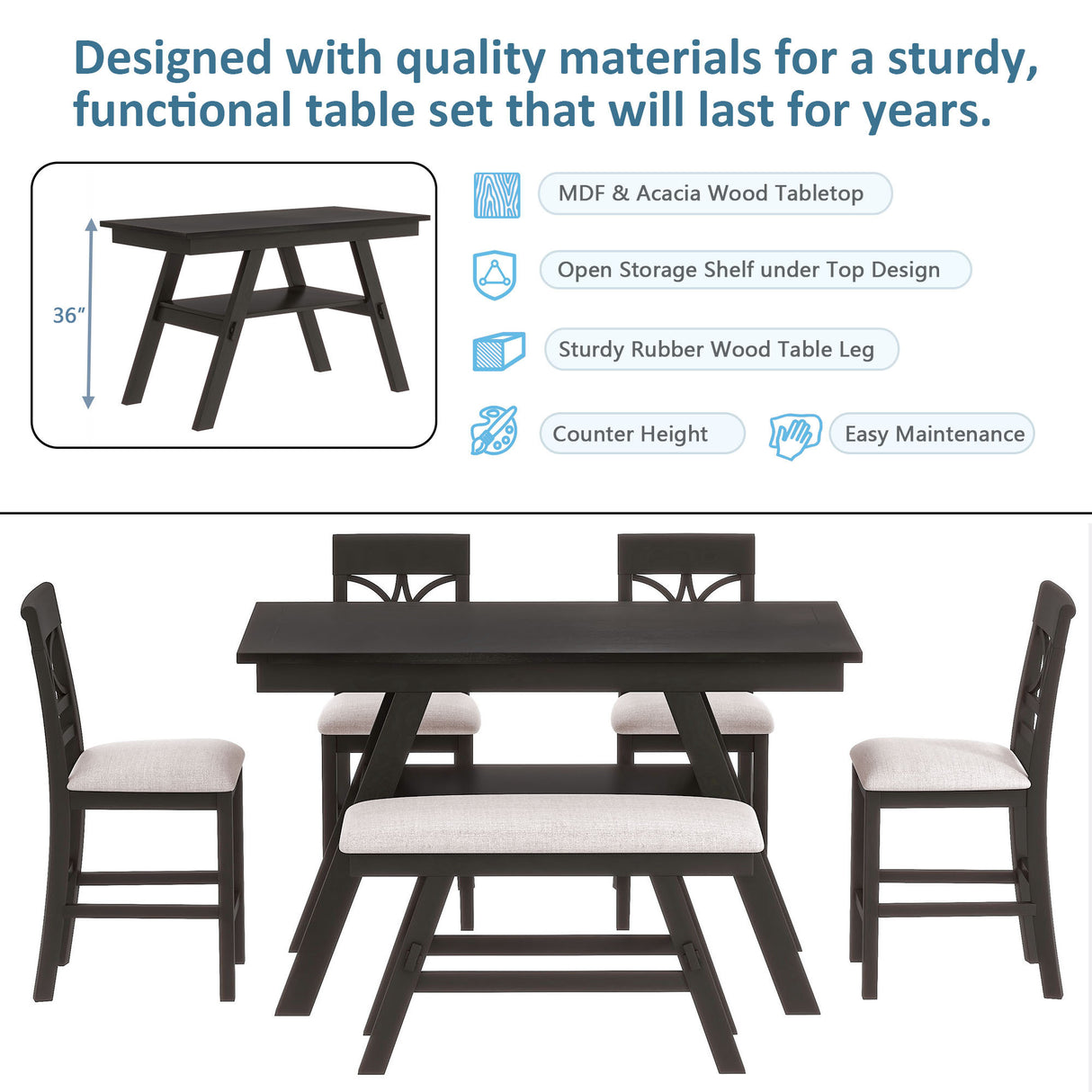 TOPMAX 6-Piece Wood Counter Height Dining Table Set with Storage Shelf, Kitchen Table Set with Bench and 4 Chairs,Rustic Style,Espresso+Beige Cushion - Home Elegance USA