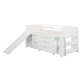 Low Twin Size Loft Bed with Cabinets, Shelves and Slide - White(OLD SKU :LP000503AAK)