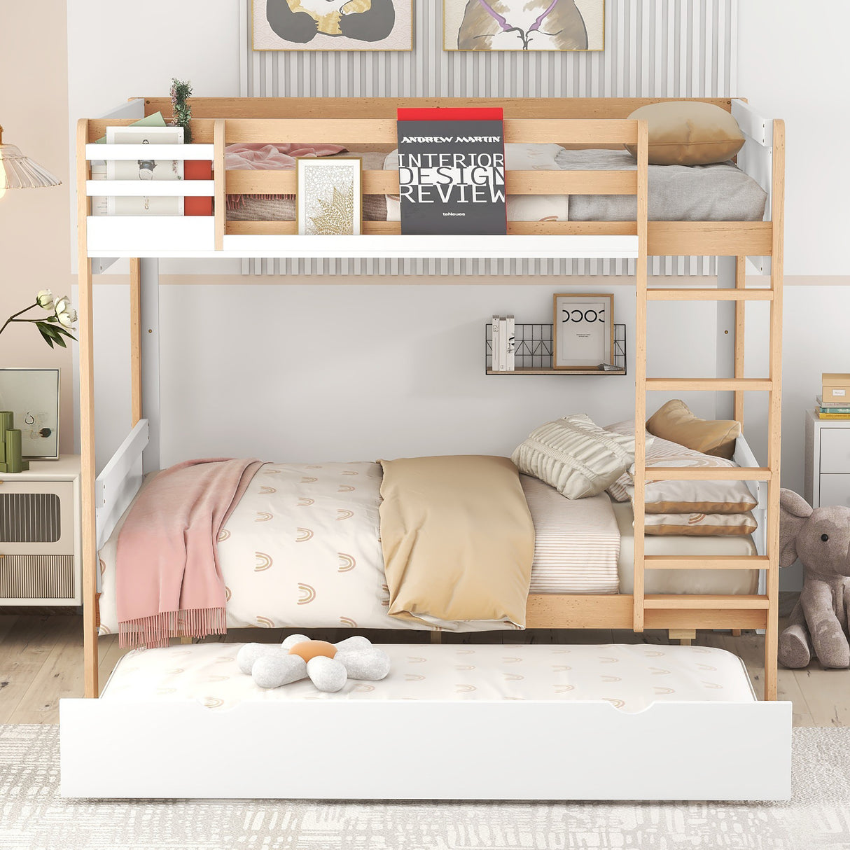 Full over Full Bunk Bed with Storage Shelves, Twin Size Trundle and Ladder, White - Home Elegance USA