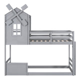 Twin over Twin Bunk Bed with Roof and Window, with Guardrails and Ladder, Gray - Home Elegance USA