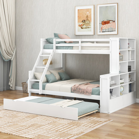 Twin over Full Bunk Bed with Trundle and Shelves, can be Separated into Three Separate Platform Beds, White - Home Elegance USA
