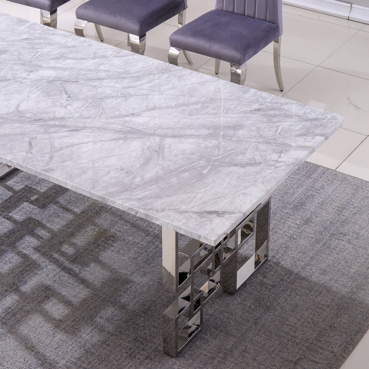 Contemporary Rectangular Marble Table, 0.71" Marble Top, Silver Mirrored Finish, Luxury Design For Home (78.7"x39.4"x29.9") - Home Elegance USA