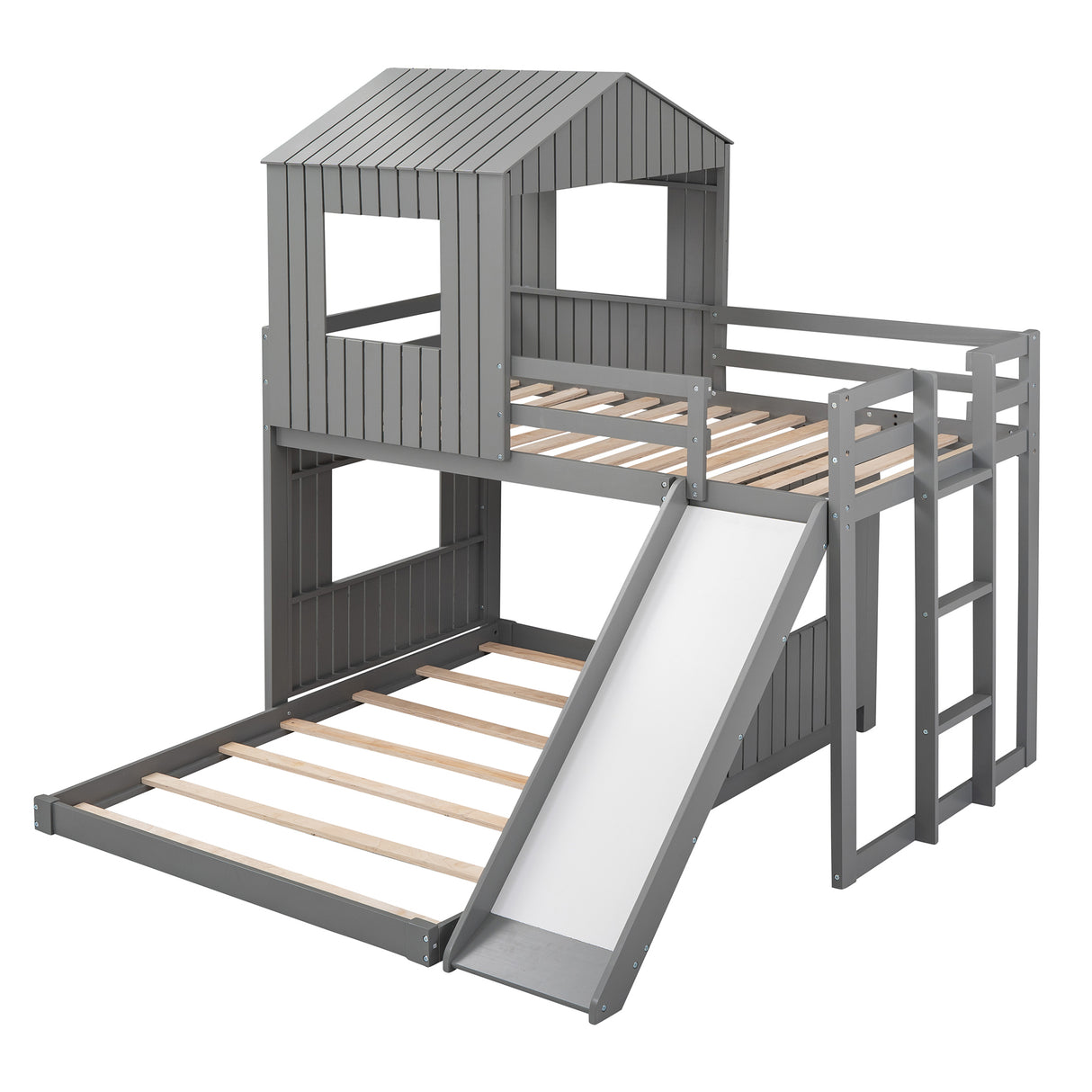 Wooden Twin Over Full Bunk Bed, Loft Bed with Playhouse, Farmhouse, Ladder, Slide and Guardrails, Gray(OLD SKU :LT000028AAN) - Home Elegance USA