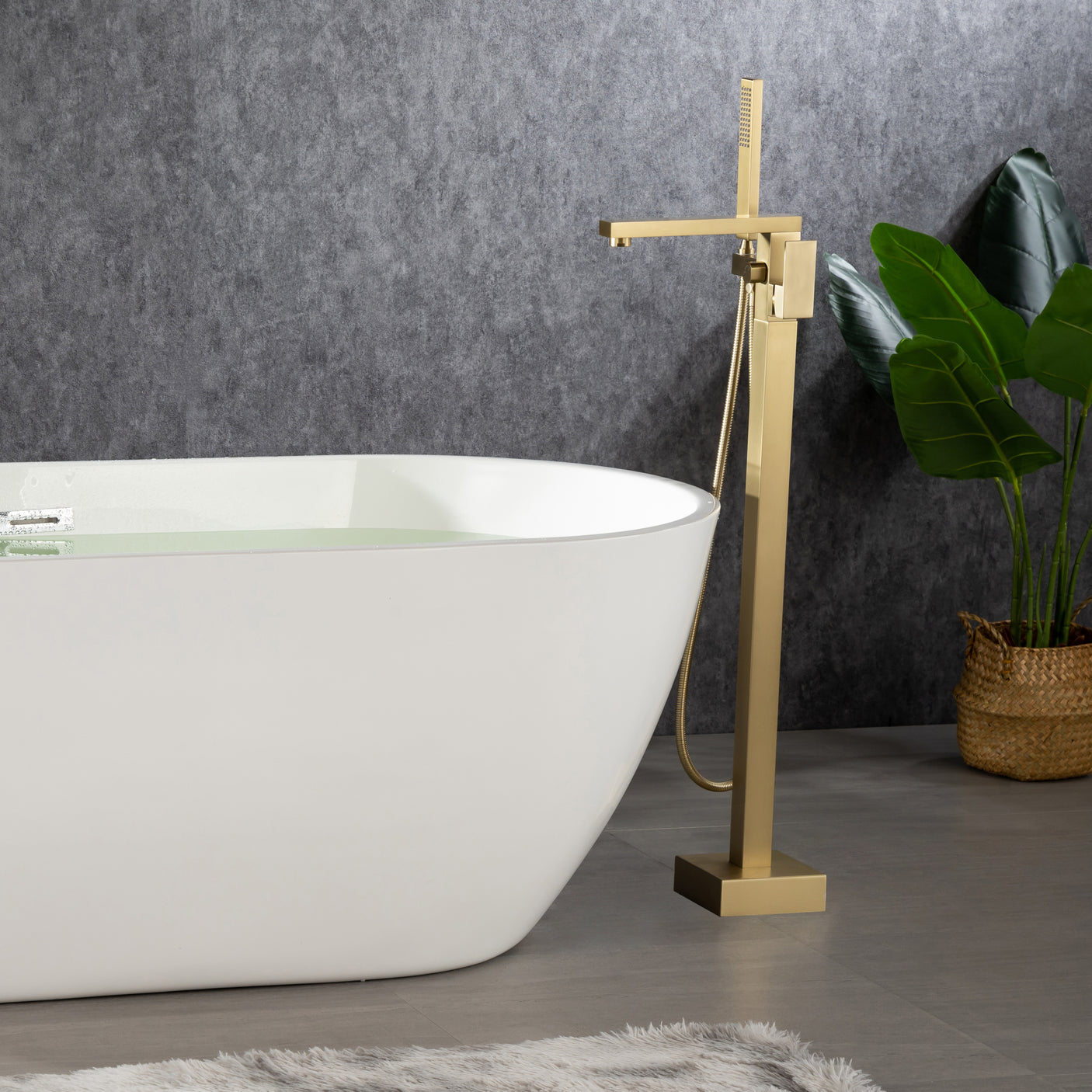 Freestanding Bathtub Faucet Single Handle Bath Tub Filler Faucet with Hand Shower Matte Black, Floor Mount