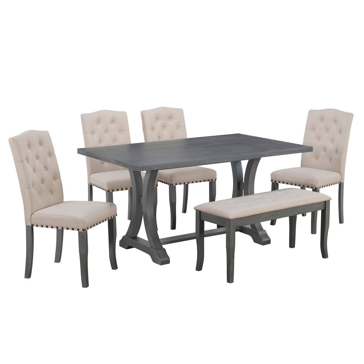 TREXM 6-Piece Farmhouse Dining Table Set, Rectangular Trestle Table and 4 Upholstered Chairs & Bench for Dining Room (Antique Gray) - Home Elegance USA