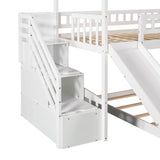 Twin Over Twin Bunk Bed with Two Drawers and Slide, House Bed with Slide, White(OLD SKU :LP000129AAK) - Home Elegance USA