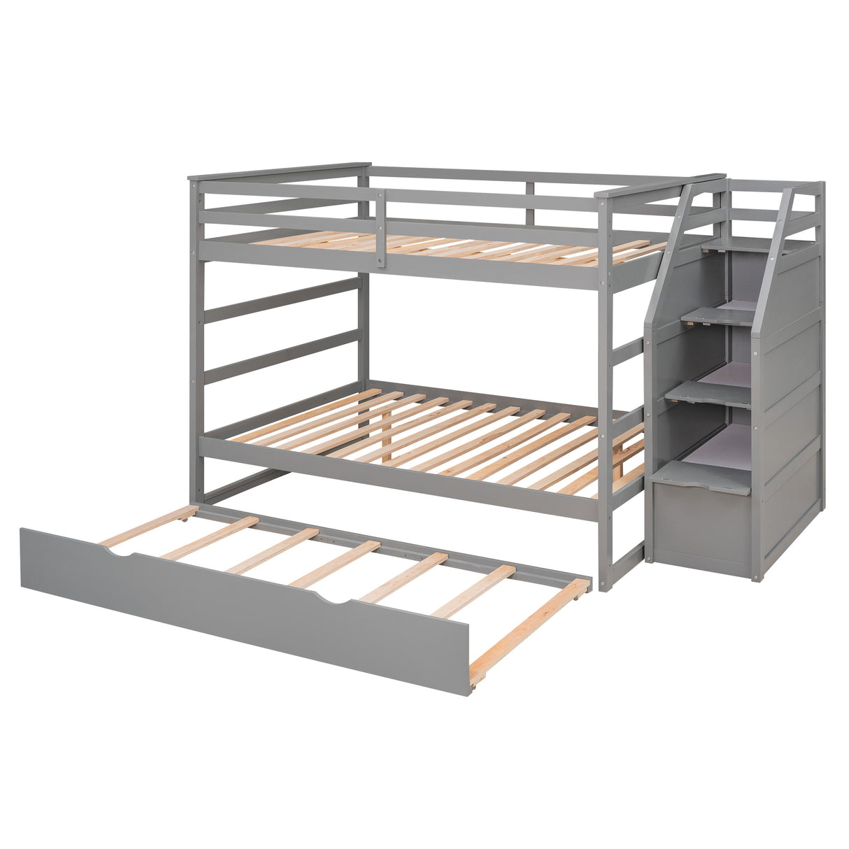 Full-over-Full Bunk Bed with Twin Size Trundle and 3 Storage Stairs,Gray - Home Elegance USA