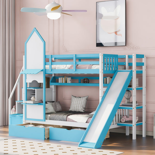 Twin-Over-Twin Castle Style Bunk Bed with 2 Drawers 3 Shelves and Slide - Blue