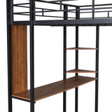 Full Size Metal Loft Bed with 2 Shelves and one Desk ,Black (Old SKU: LP000191AAB )