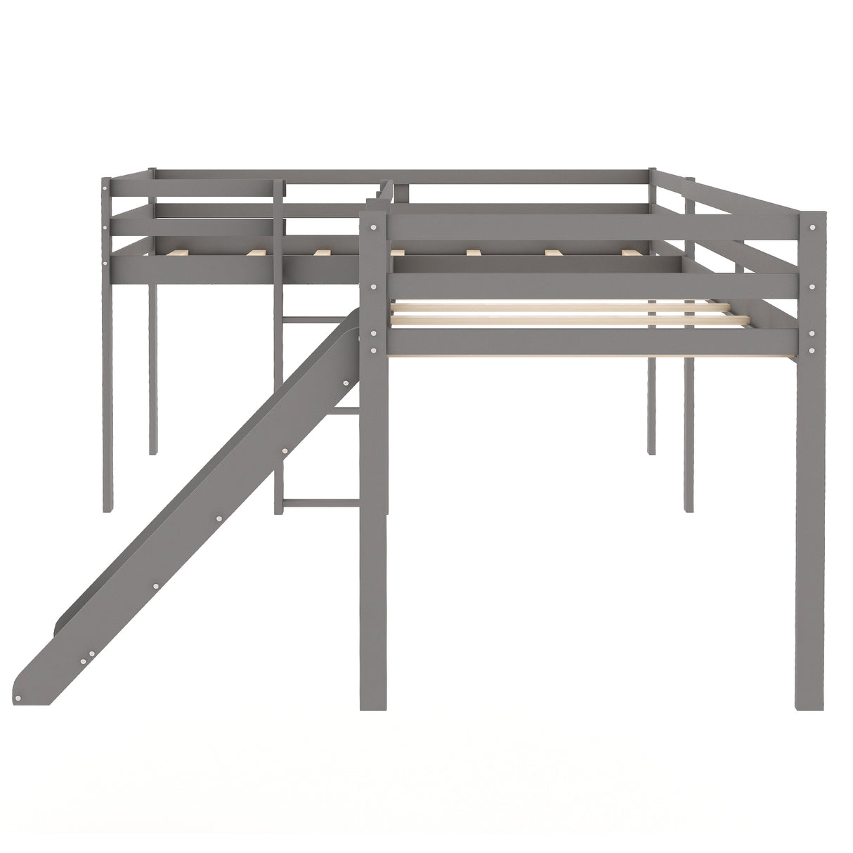 L-Shaped Twin Size Loft Bed with Ladder and Slide, Gray - Home Elegance USA