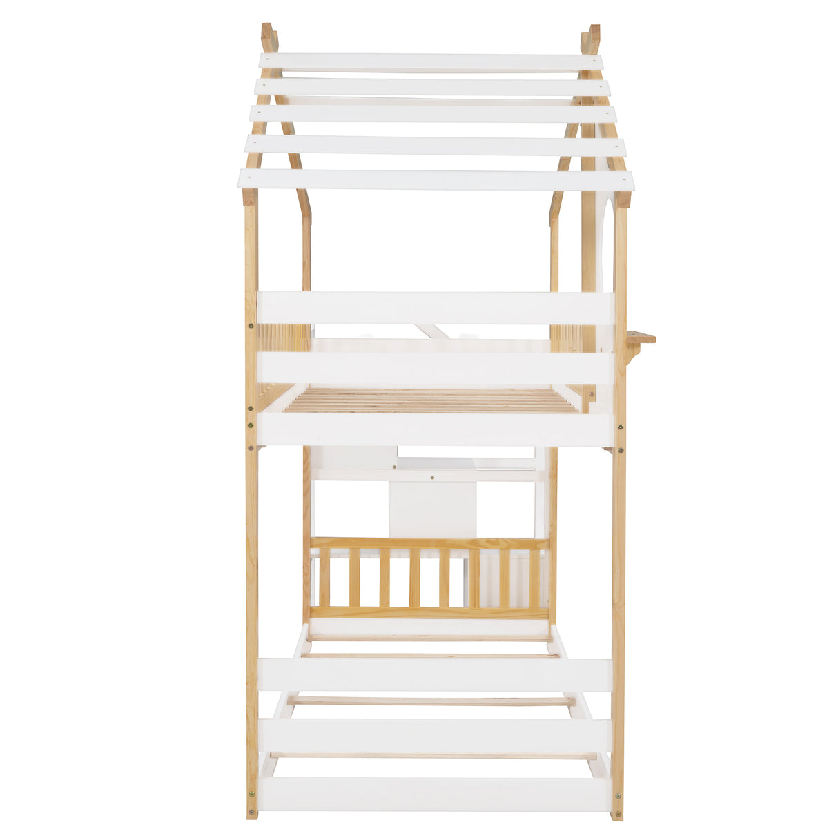 Stairway Twin-Over-Twin Bunk Bed,House Bed,Storage and Guard Rail,Natural Bed +White Stair - Home Elegance USA