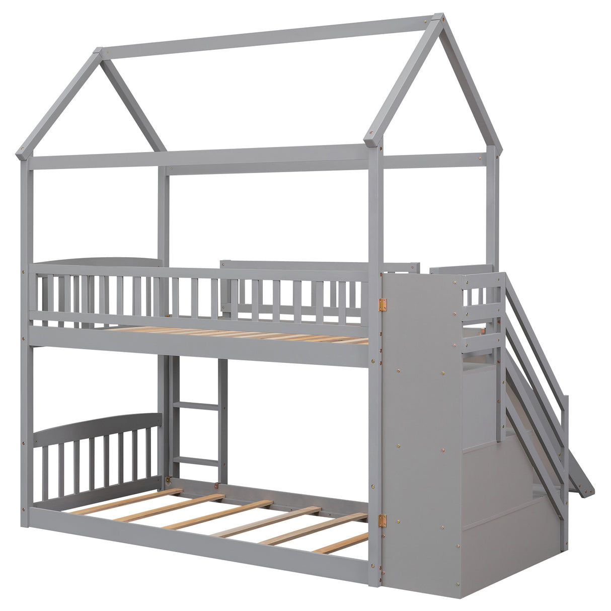 Twin Over Twin Bunk Bed with Drawers and Slide, House Bed with Slide,Gray(OLD SKU :LT000215AAE) - Home Elegance USA