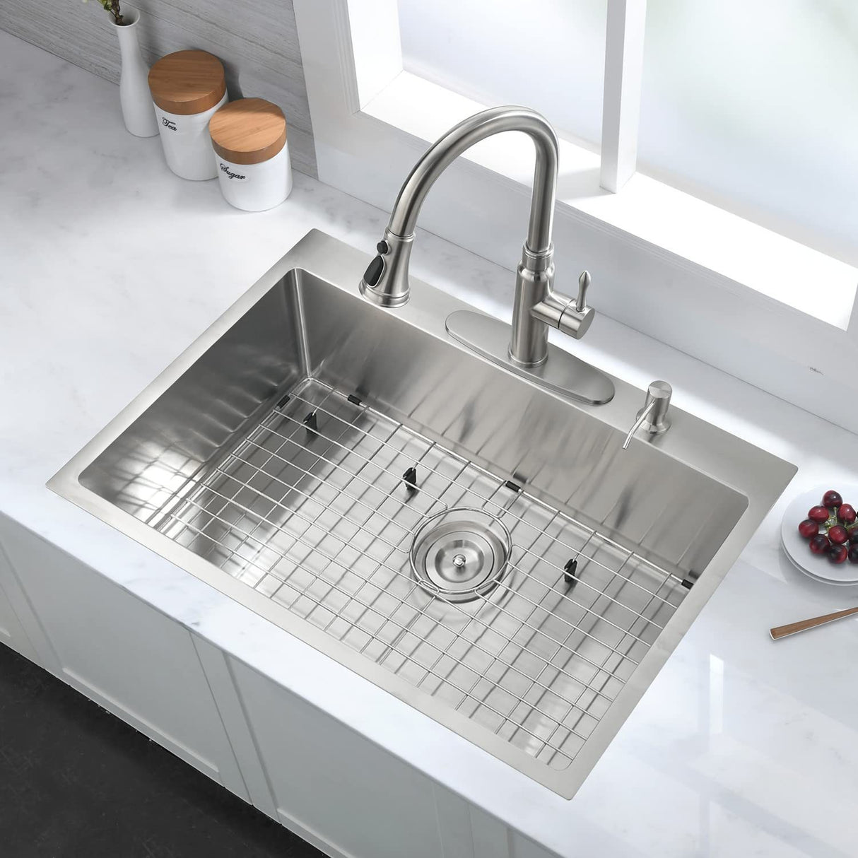 Stainless Steel 30 in 2-Hole Single Bowl Drop-In Kitchen Sink with Bottom Grid and Basket Strainer