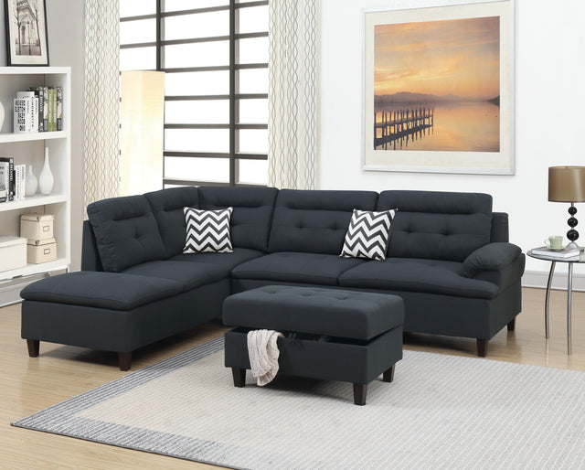 Living Room Furniture Black Cushion Sectional w Ottoman Linen Like Fabric Sofa Chaise - Home Elegance USA