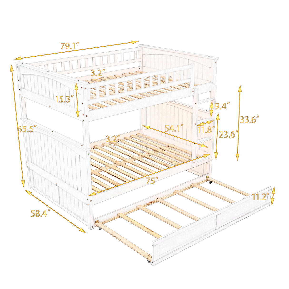 Full Over Full Bunk Bed with Twin Size Trundle, Pine Wood Bunk Bed with Guardrails, White （Old SKU:LP000044AAK） - Home Elegance USA