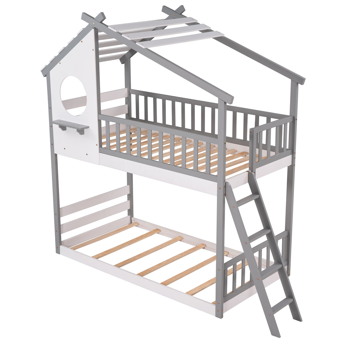 Twin Over Twin Bunk Bed Wood Bed with Roof, Window, Ladder ( Gray)(OLD SKU :LP000008AAE) - Home Elegance USA