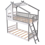 Twin Over Twin Bunk Bed Wood Bed with Roof, Window, Ladder ( Gray)(OLD SKU :LP000008AAE) - Home Elegance USA