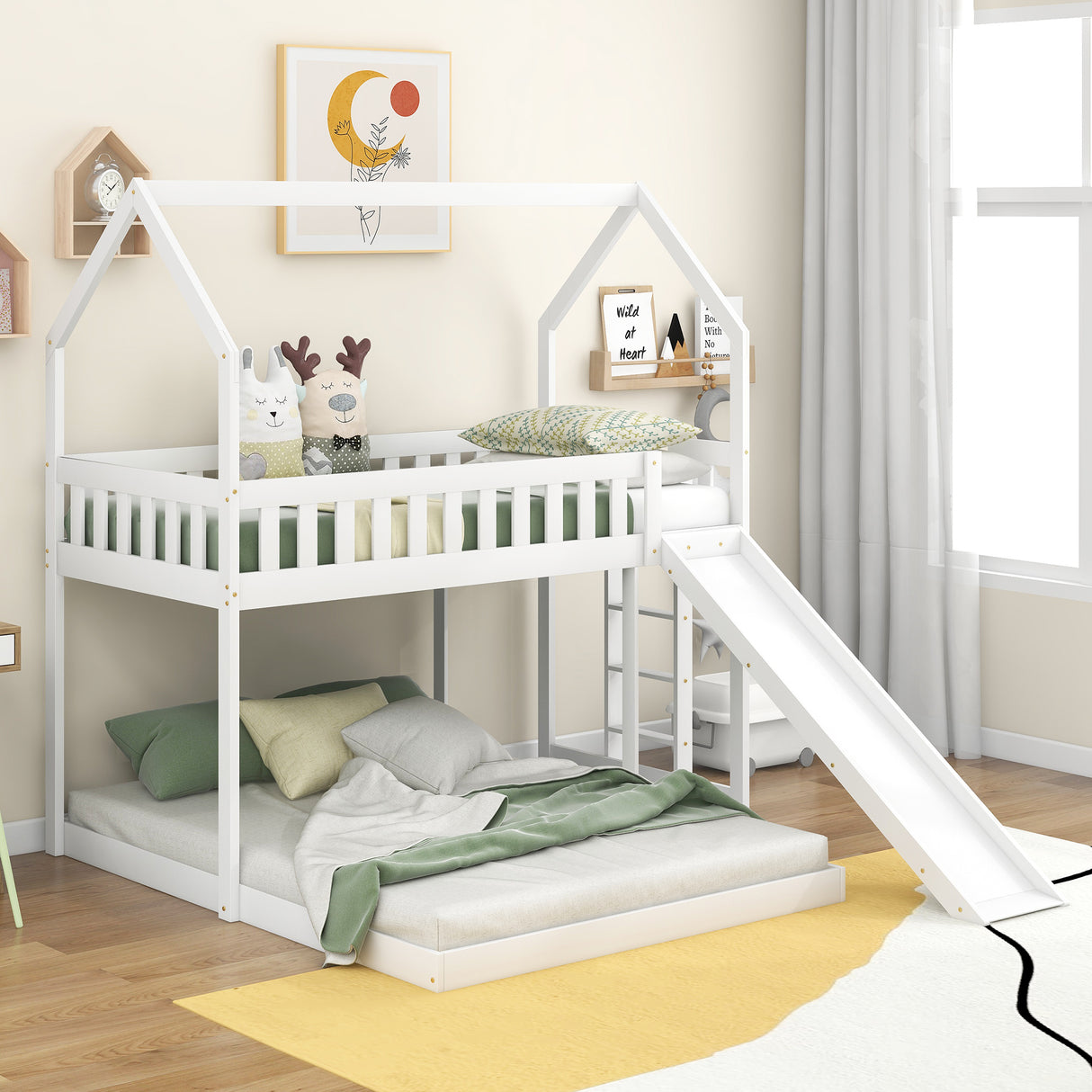 Twin over Full House Bunk Bed with Slide and Built-in Ladder,Full-Length Guardrail,White - Home Elegance USA