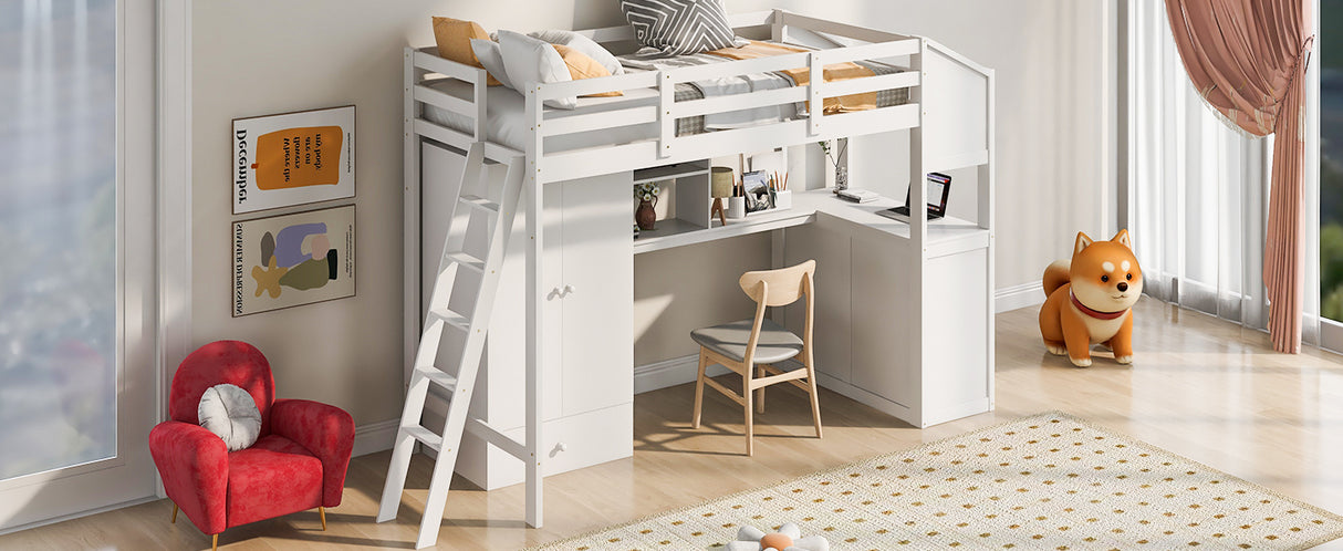 Twin Size Loft Bed with Wardrobe and Drawers, attached Desk with Shelves, White - Home Elegance USA