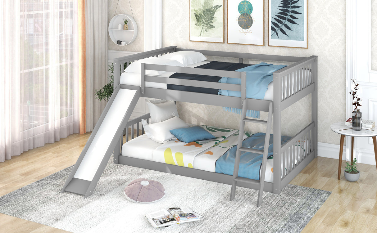 Full over Full Bunk Bed with Convertible Slide and Ladder, Gray - Home Elegance USA