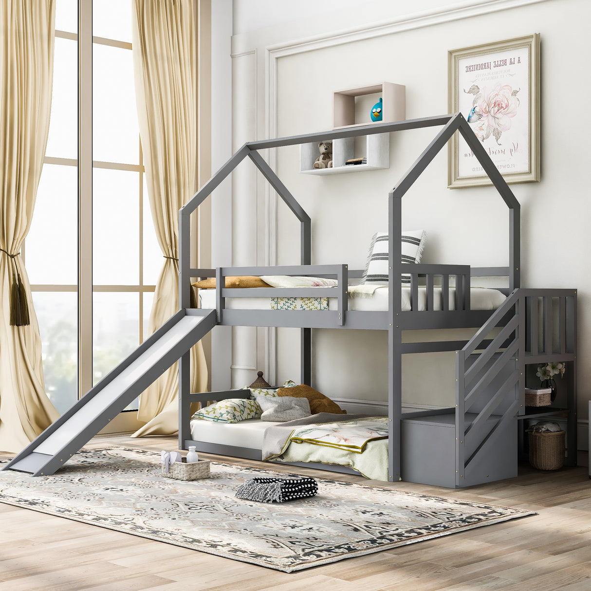 Twin over Twin House Bunk Bed with Convertible Slide,Storage Staircase can be Placed Left or Right,Gray - Home Elegance USA