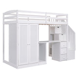 Twin Size Loft Bed with Wardrobe and Staircase, Desk and Storage Drawers and Cabinet in 1, White - Home Elegance USA