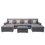 Nolan Gray Linen Fabric 5Pc Double Chaise Sectional Sofa with Interchangeable Legs, Storage Ottoman, and Pillows - Home Elegance USA