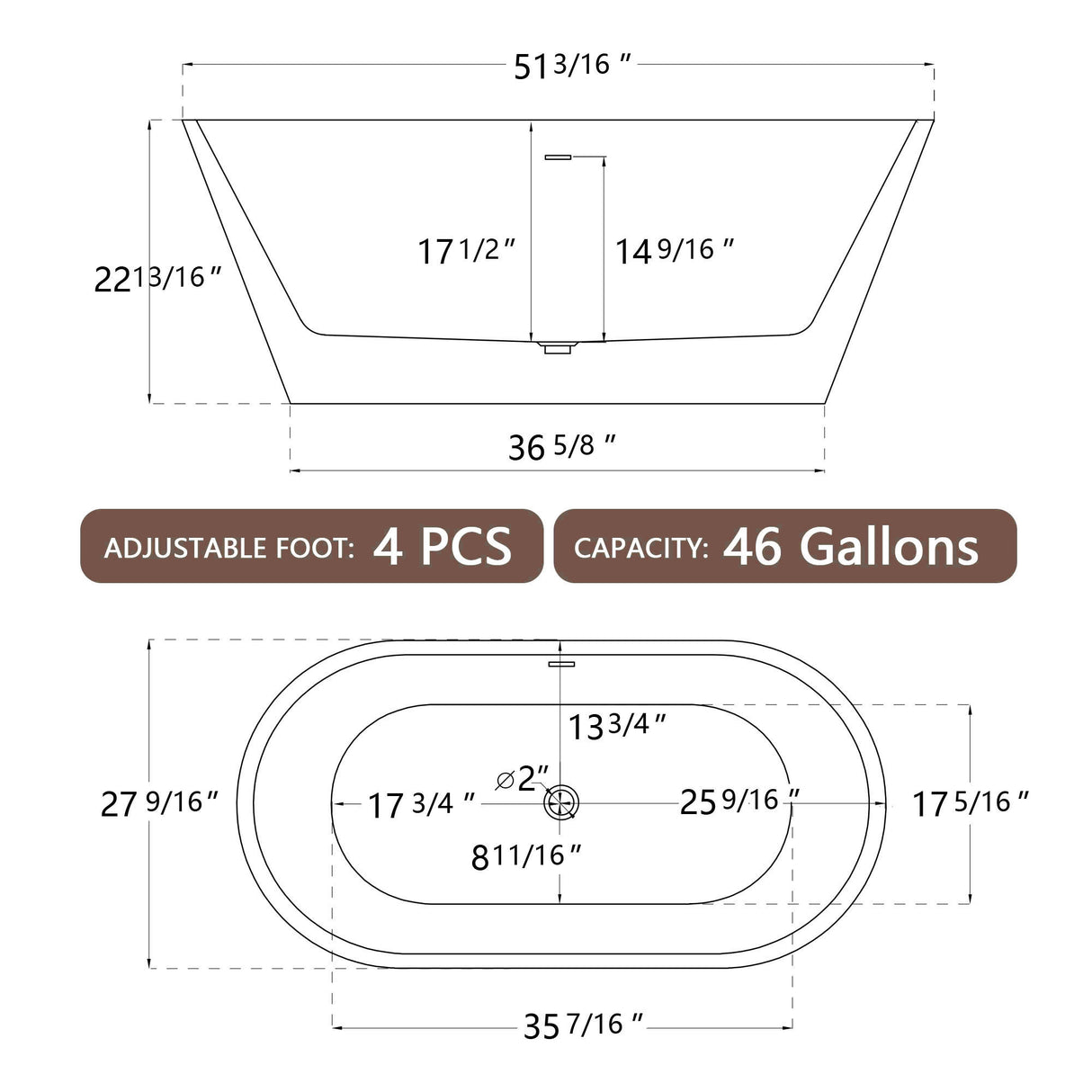 51" Acrylic Free Standing Tub - Classic Oval Shape Soaking Tub, Adjustable Freestanding Bathtub with Integrated Slotted Overflow and Chrome Pop - up Drain Anti - clogging Gloss White - W99564644 - image - 17