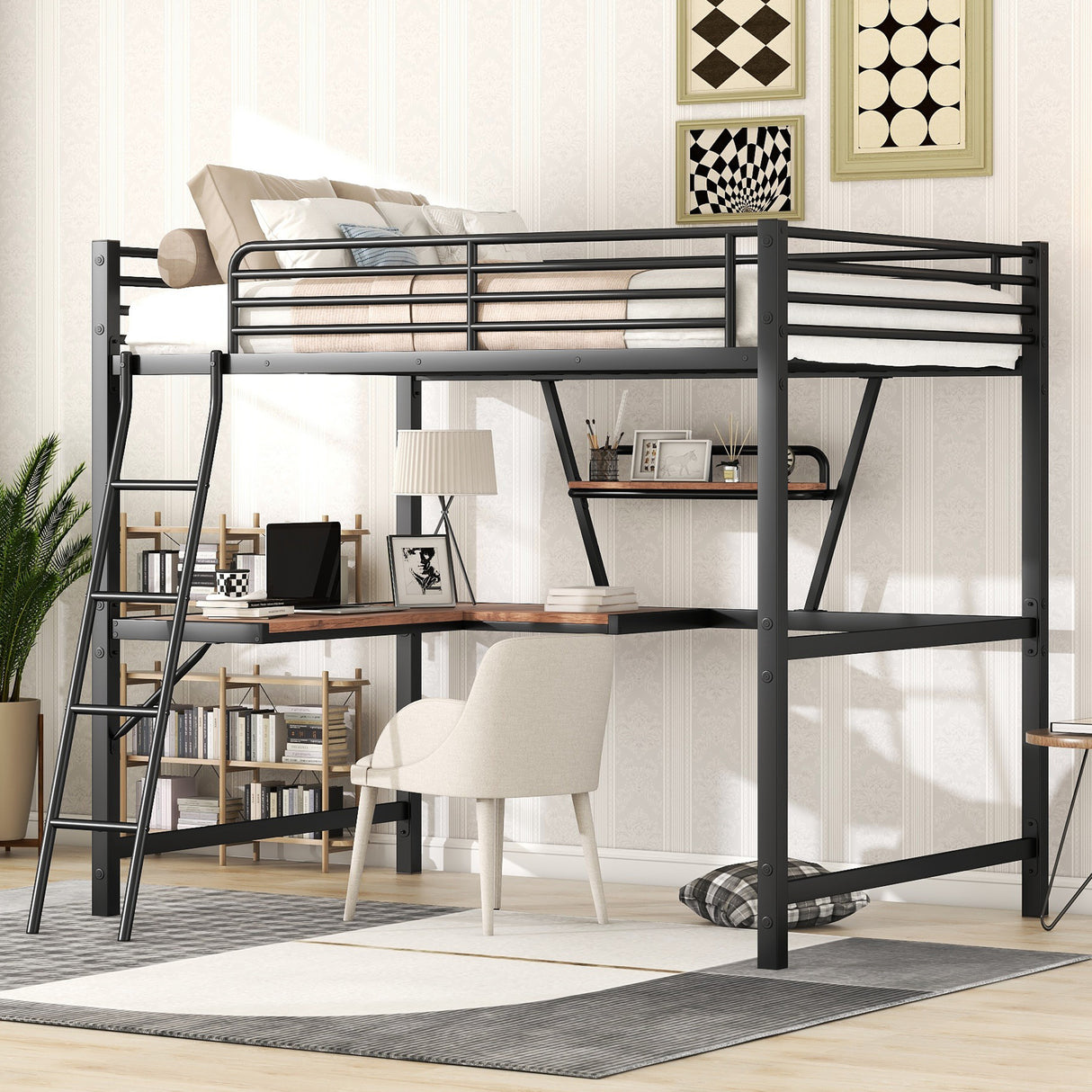 Full Size Loft Metal&MDF Bed with Desk and Shelf, Black