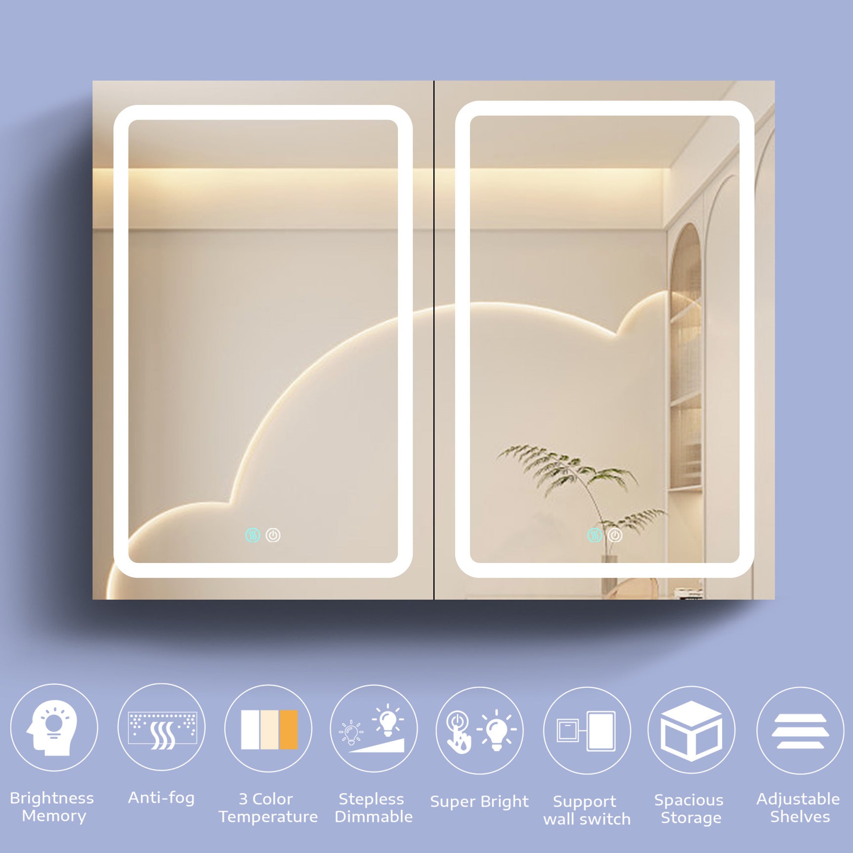 40x30 Inch LED Bathroom Medicine Cabinet Surface Mount Double Door Lighted Medicine Cabinet, Medicine Cabinets for Bathroom with Mirror Defogging, Dimmer White - W995S00067 - image - 7