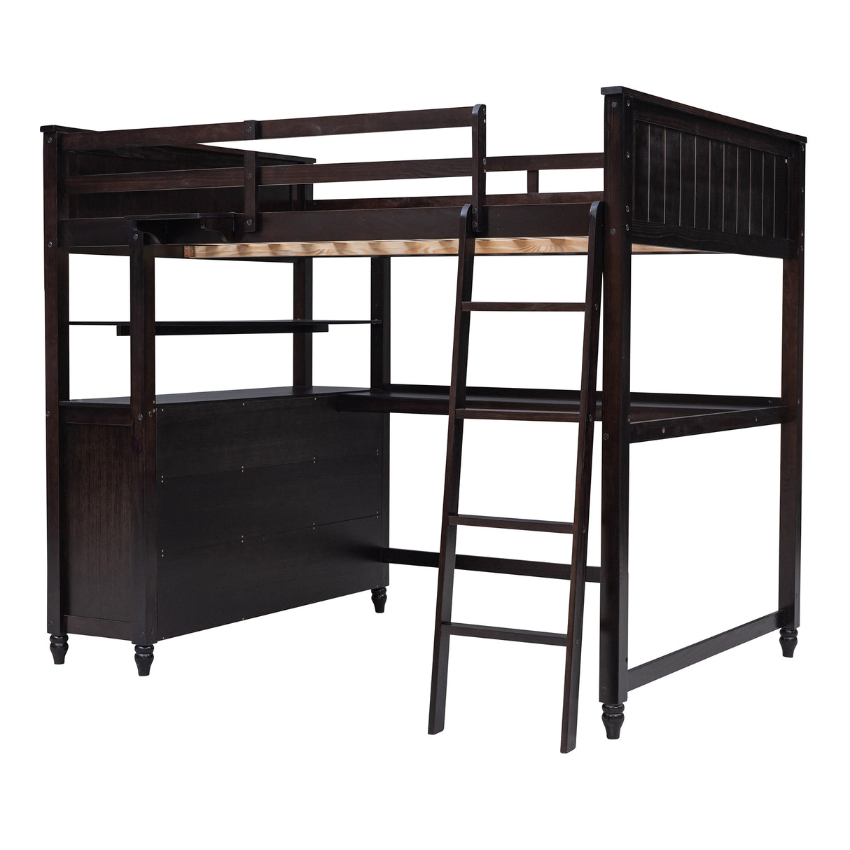 Full size Loft Bed with Drawers and Desk, Wooden Loft Bed with Shelves - Espresso(OLD SKU:LT000529AAP) Home Elegance USA