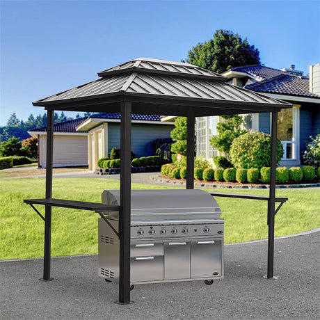 8' × 6' Grill Gazebo | Aluminum BBQ Metal Frame with Shelves & Serving Tables | Permanent Double Roof Hardtop for Patio, Lawn & Backyard – Grey