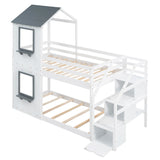 Twin Over Twin Bunk Bed with Storage Stairs,Wood Bed with Roof, Window, Guardrail, Ladder，White - Home Elegance USA