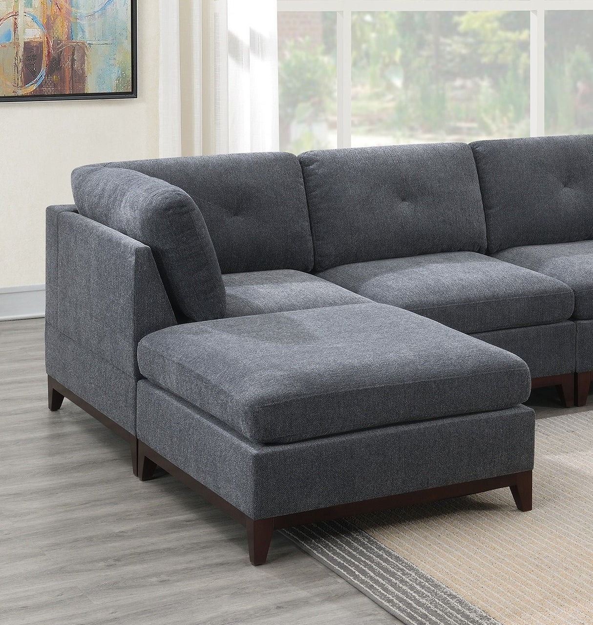 Ash Grey Chenille Fabric Modular Sectional 6pc Set Living Room Furniture U - Sectional Couch 2x Corner Wedge 2x Armless Chairs and 2x Ottomans Tufted Back Exposed Wooden Base | Home Elegance USA