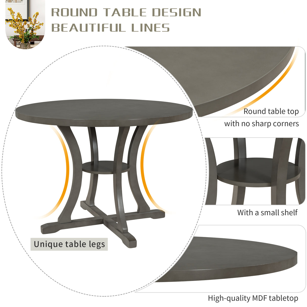 TREXM 5-Piece Round Dining Table and Chair Set with Special-shaped Legs and an Exquisitely Designed Hollow Chair Back for Dining Room (Gray) - Home Elegance USA