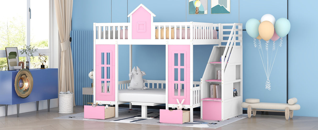 Full-Over-Full Bunk Bed with Changeable Table , Bunk Bed Turn into Upper Bed and Down Desk - Pink - Home Elegance USA