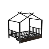 Full Size Metal House Platform Bed with Two Drawers,Headboard and Footboard,Roof Design,Black - Home Elegance USA