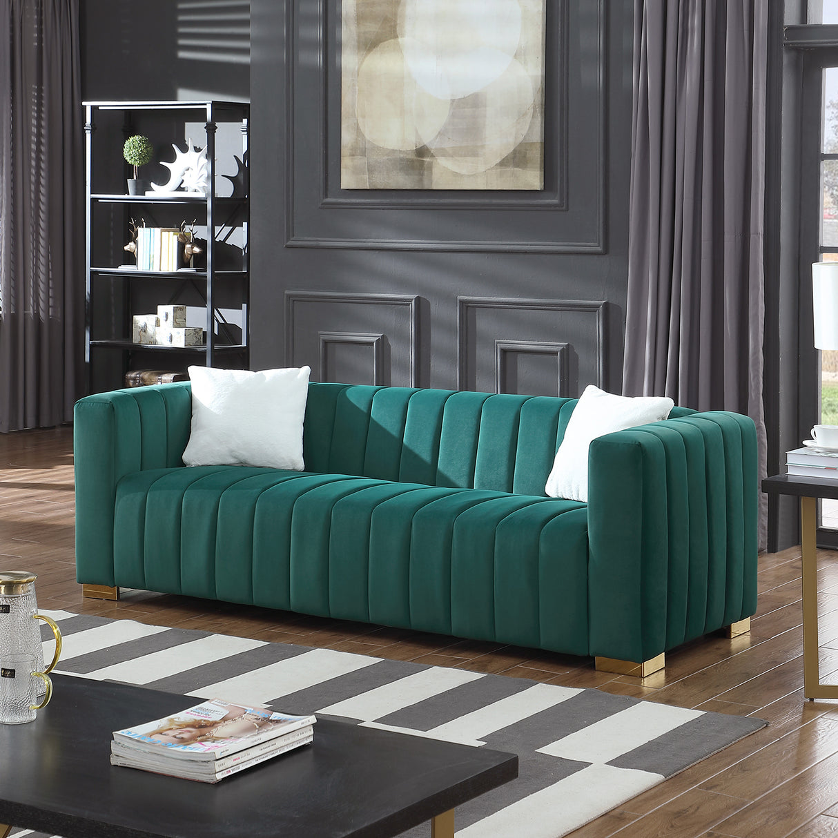 A modern channel sofa take on a traditional Chesterfield,Dark Green color,3 Seater - W1099S00034 - image - 5