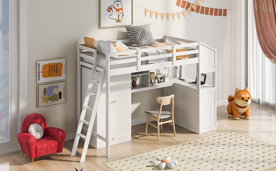 Twin Size Loft Bed with Wardrobe and Drawers, attached Desk with Shelves, White - Home Elegance USA