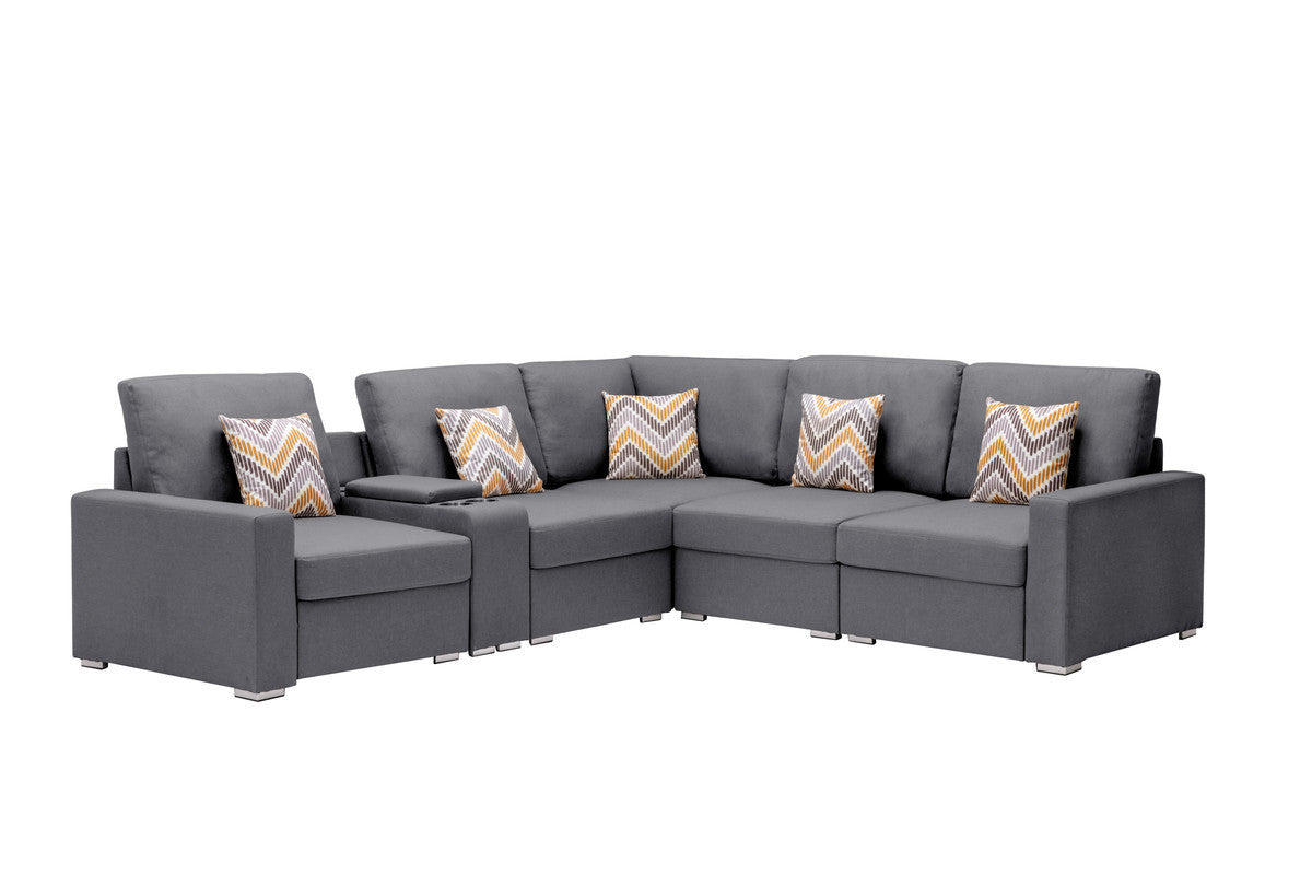 Nolan Gray Linen Fabric 6Pc Reversible Sectional Sofa with a USB, Charging Ports, Cupholders, Storage Console Table and Pillows and Interchangeable Legs - Home Elegance USA