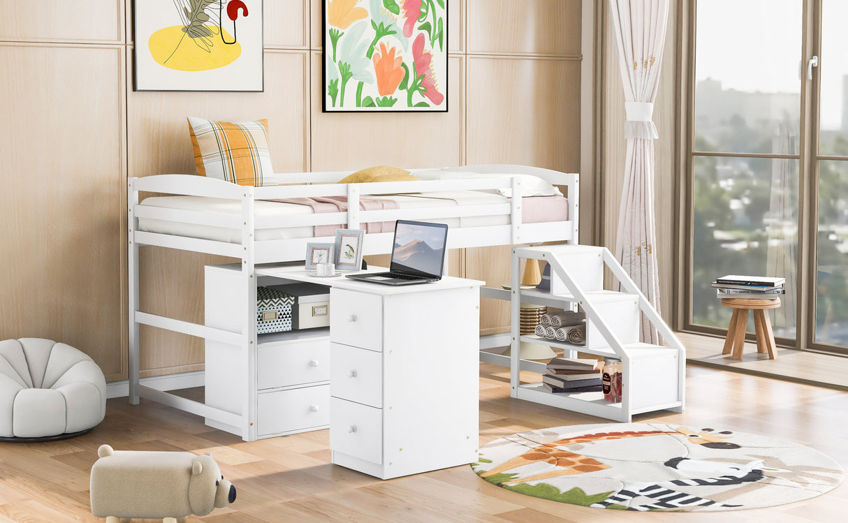 Twin Size Loft Bed with Multifunctional Movable Built-in Desk and and Staircase,White(OLD SKU:GX000925AAK) - Home Elegance USA