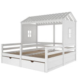 Twin Size House Platform Beds with Two Drawers for Boy and Girl Shared Beds, Combination of 2 Side by Side Twin Size Beds, White - Home Elegance USA